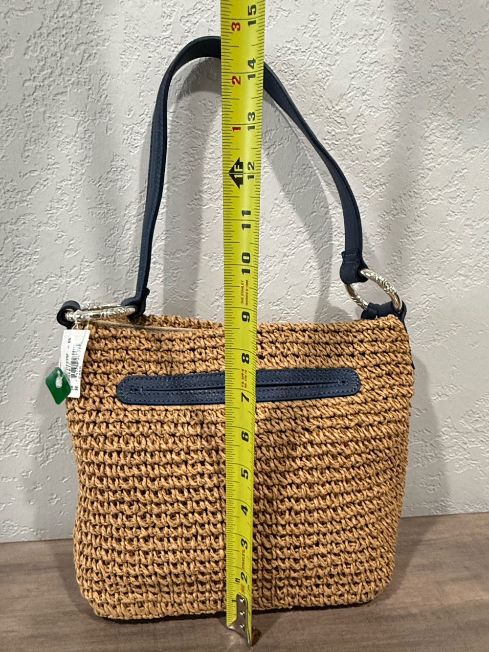 Brighton - Straw Woven Shoulder Bag with Navy Trim and Heart Charm - Picture 2 of 8